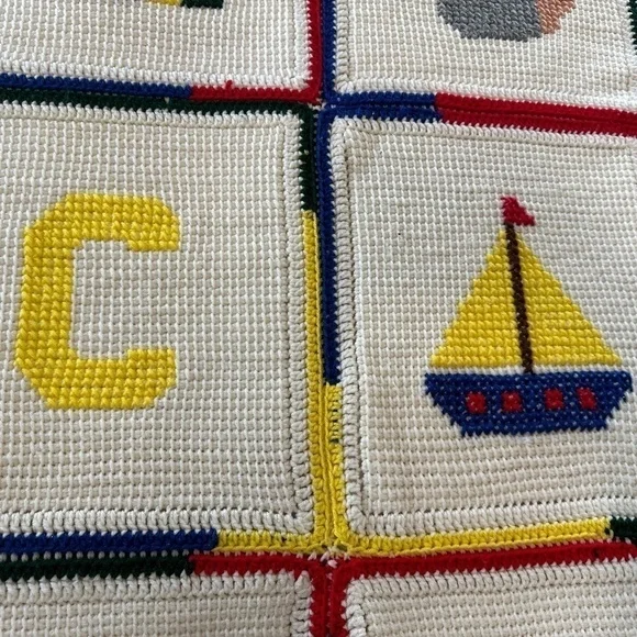 HANDMADE Crochet Knit AFGHAN Couch Lap Quilt THROW BLANKET Quilted Squares Kids